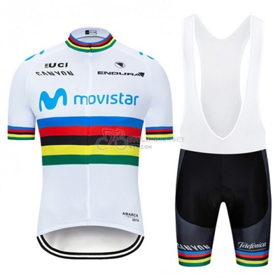 UCI Mondo Campione Movistar Cycling Jersey Kit Short Sleeve 2019 White Blue